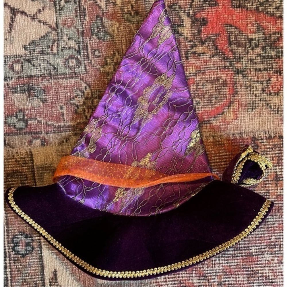 Kid's Purple Gold Lace Overlay Bow Detail Costume Witch's Hat EUC Age 6-8